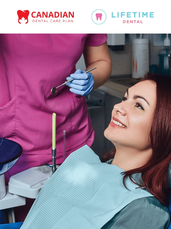 Female patient smiling during dental examination at Lifetime Dental Brantford with Canadian Dental Care Plan coverage