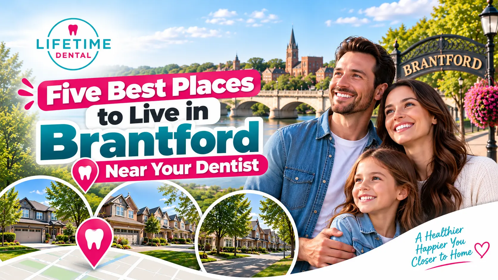 Five Best Places to Live in Brantford Near Your Dentist, featuring a smiling family, Brantford neighbourhoods, and Lifetime Dental Brantford.