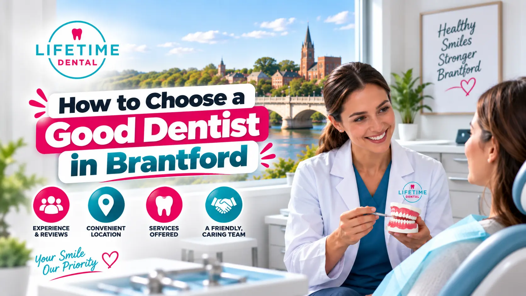 How to Choose a Good Dentist in Brantford, showing a dentist consulting with a patient at Lifetime Dental Brantford and highlighting experience, location, services, and a caring team.